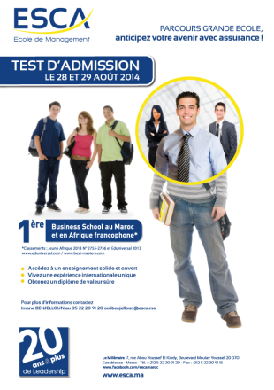 Prochain Test d'admission de ESCA Ecole de Management: 28 et 29 août 2014