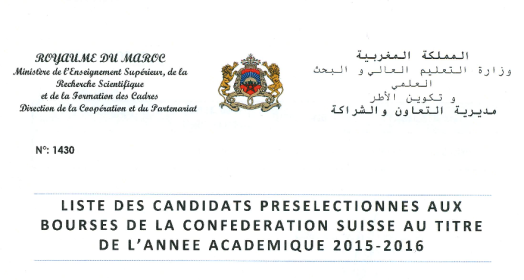 Liste des candidats présélectionnés aux bourses de la confédération Suisse 2015/2016