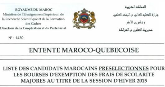 Liste des candidats présélectionnés pour les bourses d'exemption des frais de scolarité majorés session d'Hiver 2015 - Canada