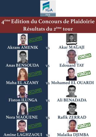 IGA Fès - Concours de plaidoirie 2014/2015 : Candidats retenus pour la demi-finale
