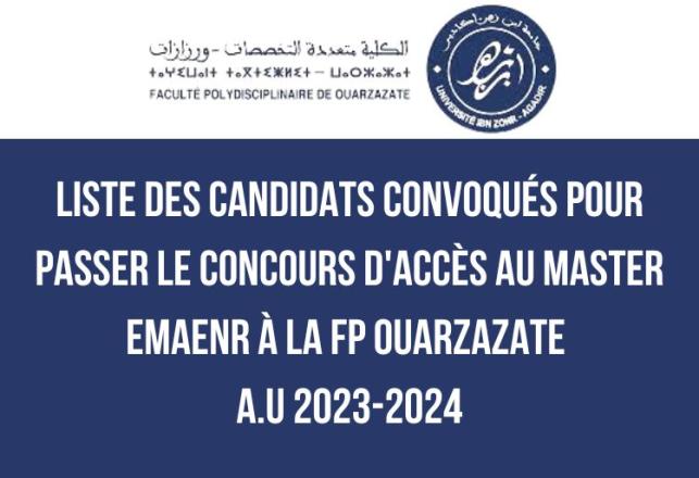 Liste des candidats convoqués concours Master EMAENR FP Ouarzazate 2023-2024