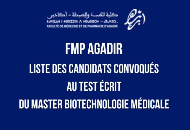 FMP Agadir liste convoqués test écrit Master Biotechnologie Médicale 2023-2024