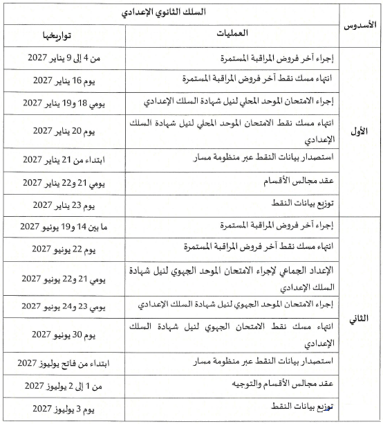 تواريخ الامتحانات بالسلك الإعدادي 2027