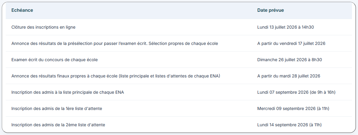 Calendrier concours ENA Architecture 2026-2027